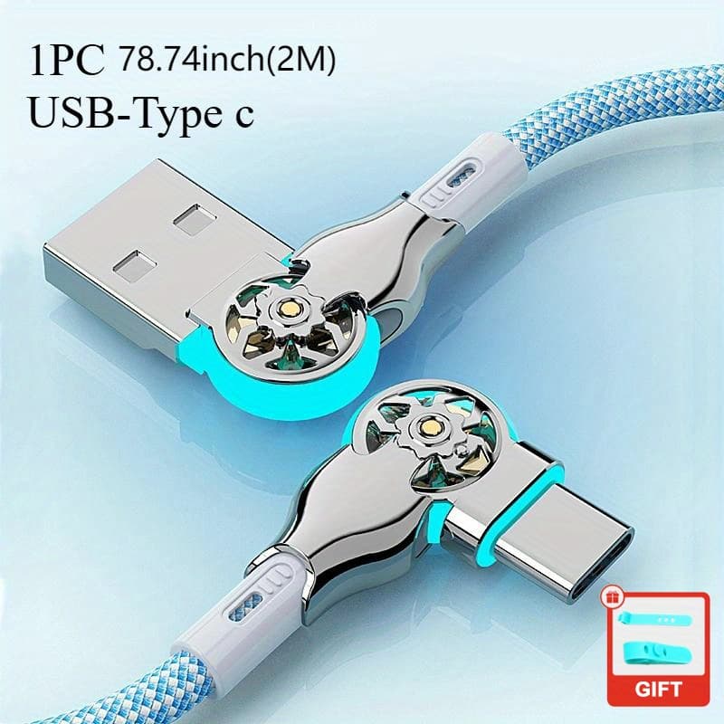 TEMU Fast Charging Data Cable 90 Degree Cable, 6.56ft 2m Angle Type-c With Light Double Elbow Rotation 120w Flash Charging Suitable For Phone, Car Universal Mobile Phone Charging Cable