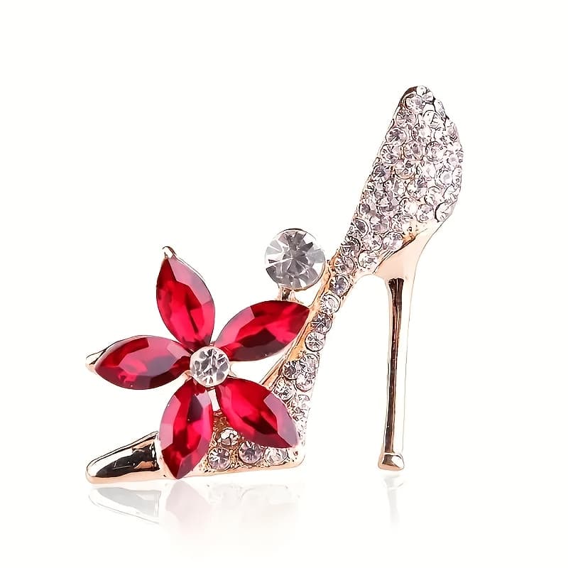 TEMU High-quality Shiny High Heel Brooch With Elegant Red Flower Decoration - Suitable For Jackets, Bags, Hats, And Shoes Multi-functional Accessory