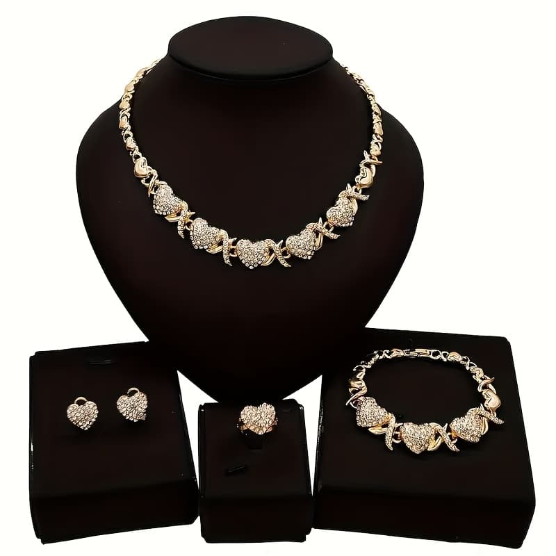 TEMU 5pcs Stylish Set For Women Heart Shape Necklace Bracelet Earrings And Rings Anniversary Gift For Girlfriend