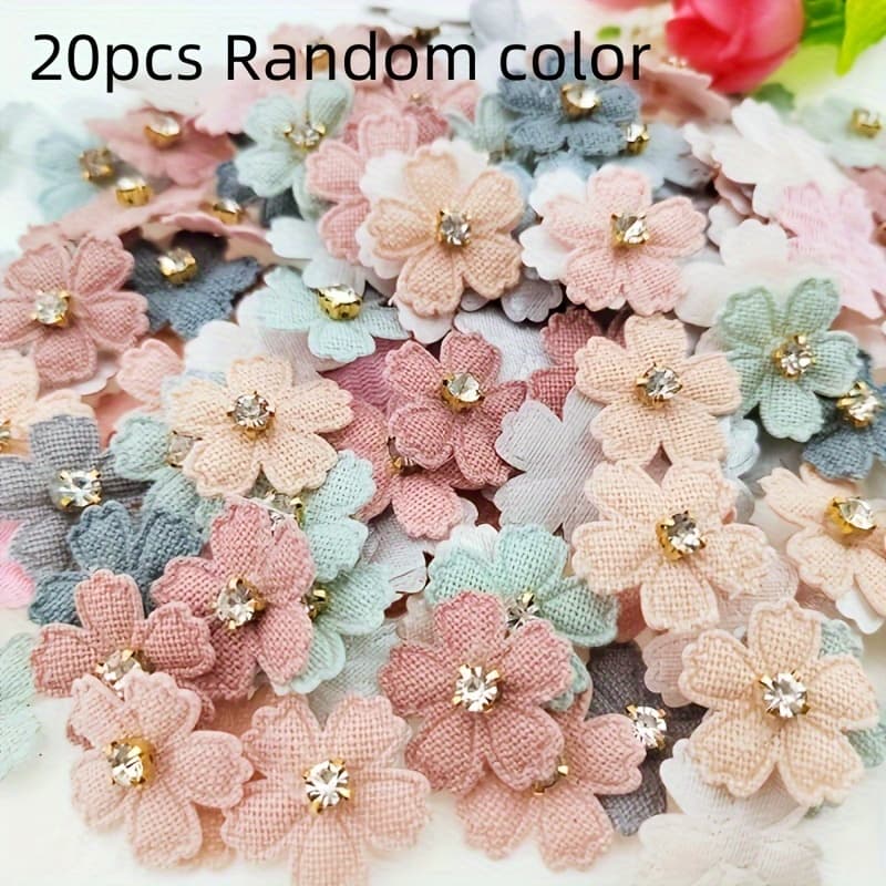 TEMU Set Of 20 Small Fabric Flower Patches With Rhinestones, Measuring 2.31cm/0.91inch, In Colors, Perfect For Projects, Hair Additions, Headbands, Bows, Clothing, And Hat Embellishments