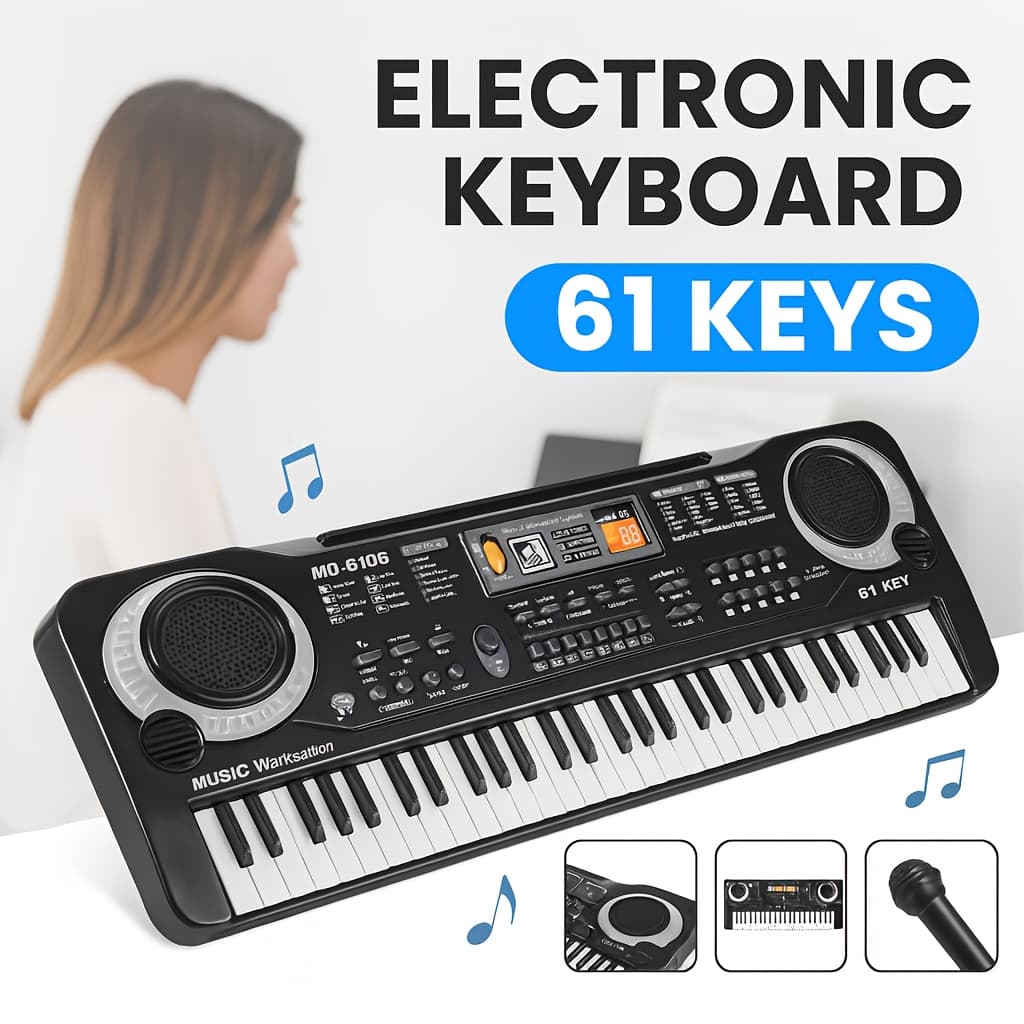 TEMU 61 Key Portable Electronic Keyboard Piano W/microphone & Power Supply, 16 Tones 10 - Beginner Musical Instrument + Sheet Music + Keyboard Stickers