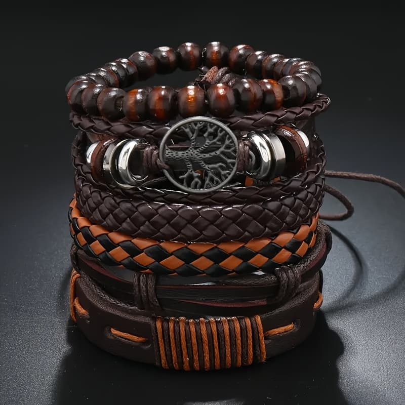 TEMU Six-piece Vintage Boho Style Leather Woven Bracelet Set For Men And Women, Daily And Vacation Occasion, Jewelry Gif