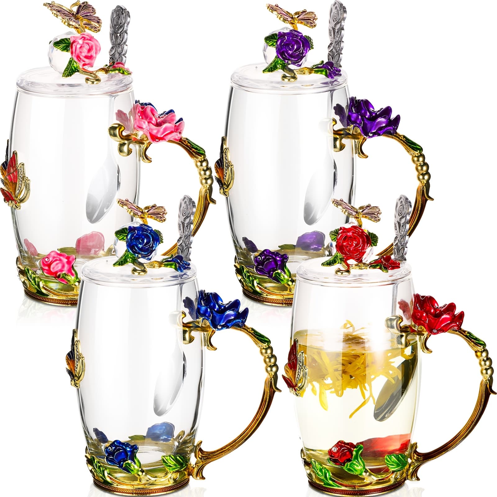 TEMU 4 Sets Flower Glass Tea Cups With Lids And Spoon Vintage Glass Coffee Mugs Floral Fancy Clear Teacup For Women Mom Wife Girlfriend(pink, Purple, Blue, Red, 12 Oz)