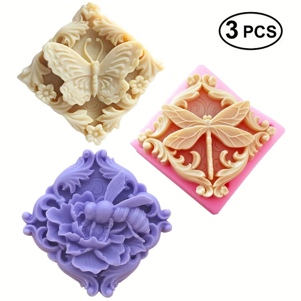 TEMU Set Of 3 Silicone Molds With Insect Design, Art Silicone Soap Mold, Dragonfly Candle Molds, Bees Soap Molds - Soap Making Materials By Yscen