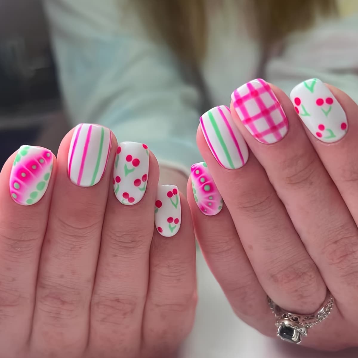 TEMU 24pcs Of Stunning Square Press-on Nail Tips Featuring Colorful Vertical Stripes, Red , , And A Glossy . Wear, Includes Jelly Glue And A Nail File