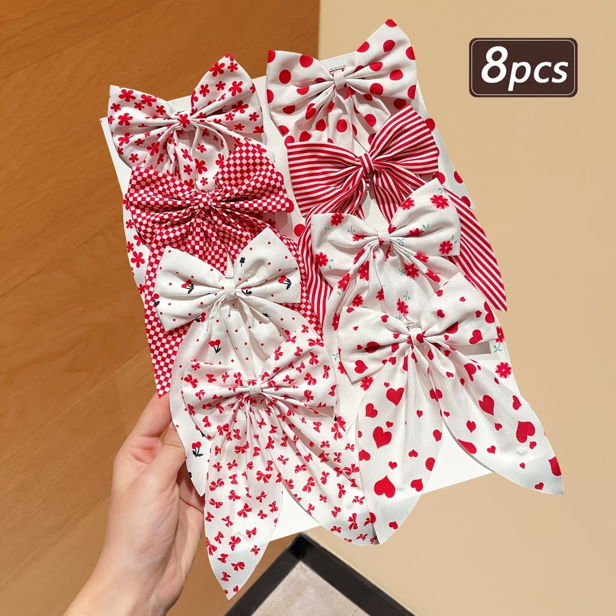 TEMU 8pcs Fabric Red And White Floral Heart Sweet Bow Hairpin Suitable For Valentine's Day Dating And New Year Wear