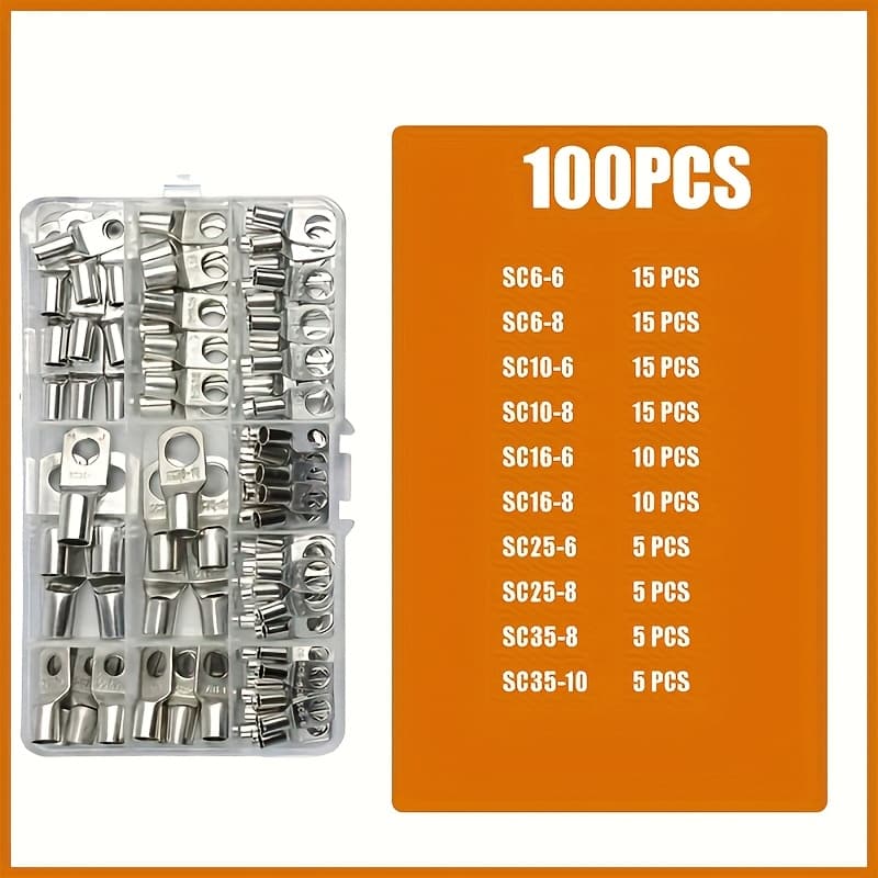TEMU 90/100pcs Battery Lugs Copper Crimp Ring Connectors Marine Lugs For Automotive Door Eyes Wire Connectors Battery Cable Ends Crimp Terminals Cable Voltage Terminals Connector Kit