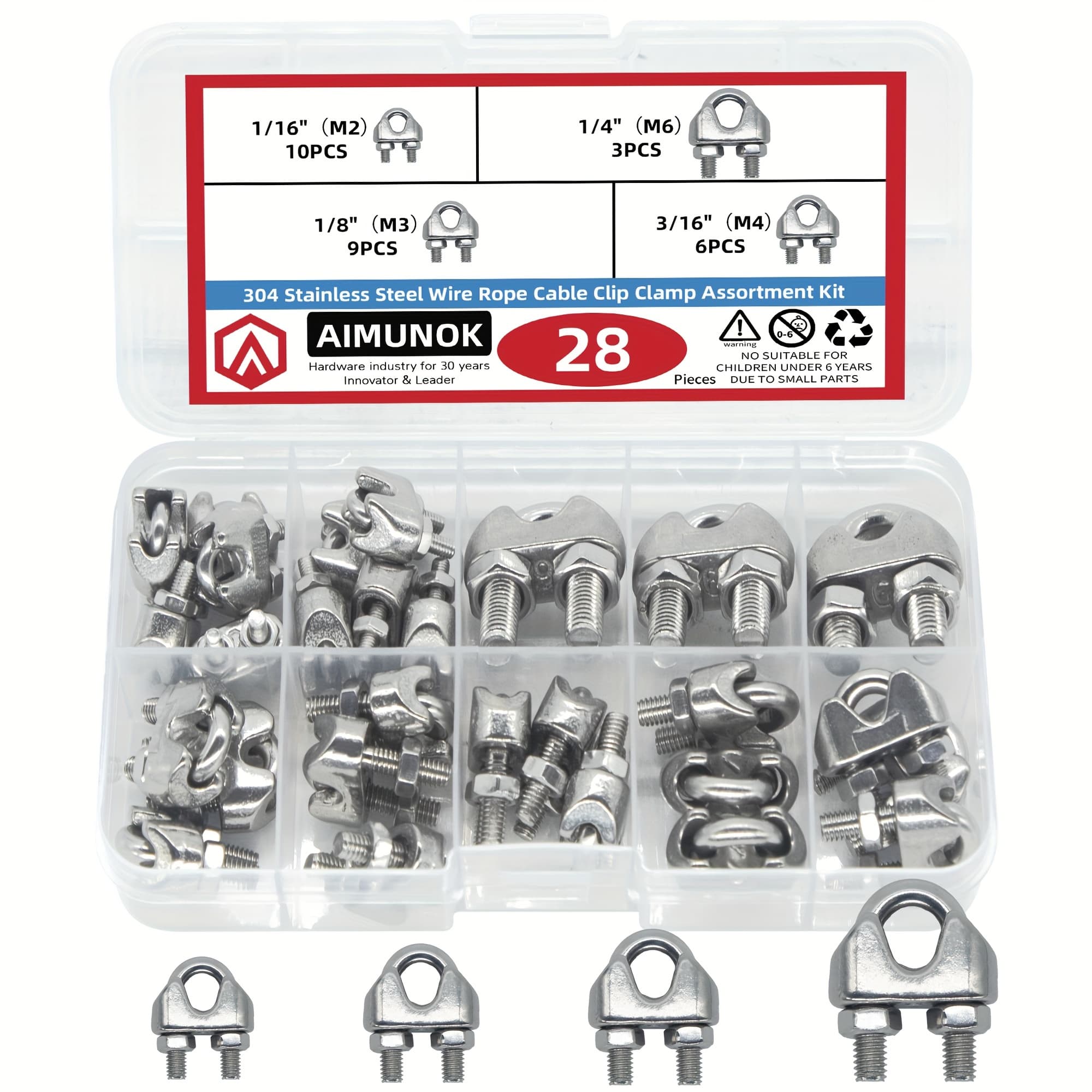 TEMU 28pcs 304 Stainless Steel Wire Rope Cable Clip Clamp Assortment Kit 1/16" 1/8" 3/16" 1/4"