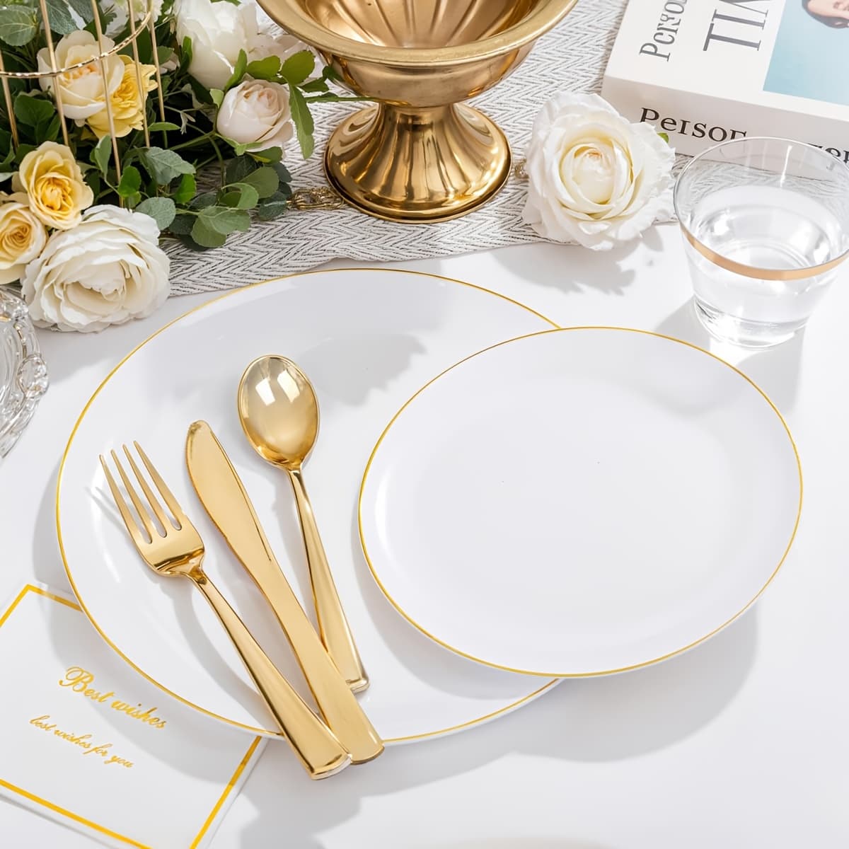 TEMU Set Of 100 White Disposable Plastic Tableware Items Includes 20 Dinner Plates, 20 Dessert Plates, And 60 Golden-colored Cutlery Sets. Perfect For Weddings, Birthday Parties, And Holiday .