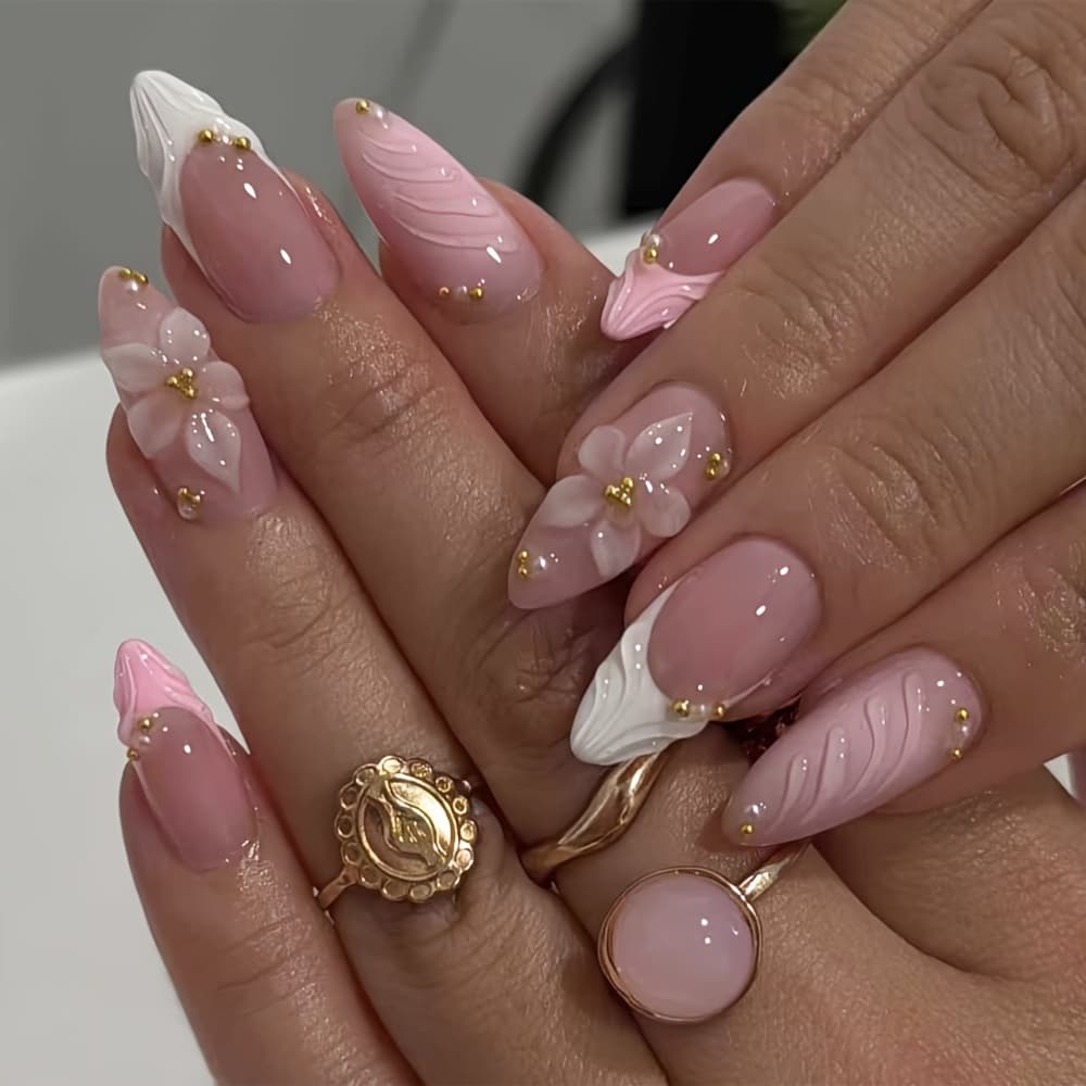 TEMU 24-piece 3d Press-on Nails With 3d Floral, Teardrop, Lily, And Shell Designs, Includes Nail Art Tools, Reusable And Removable, Suitable For , Parties, And Any Occasion, An For Women's Nail Art