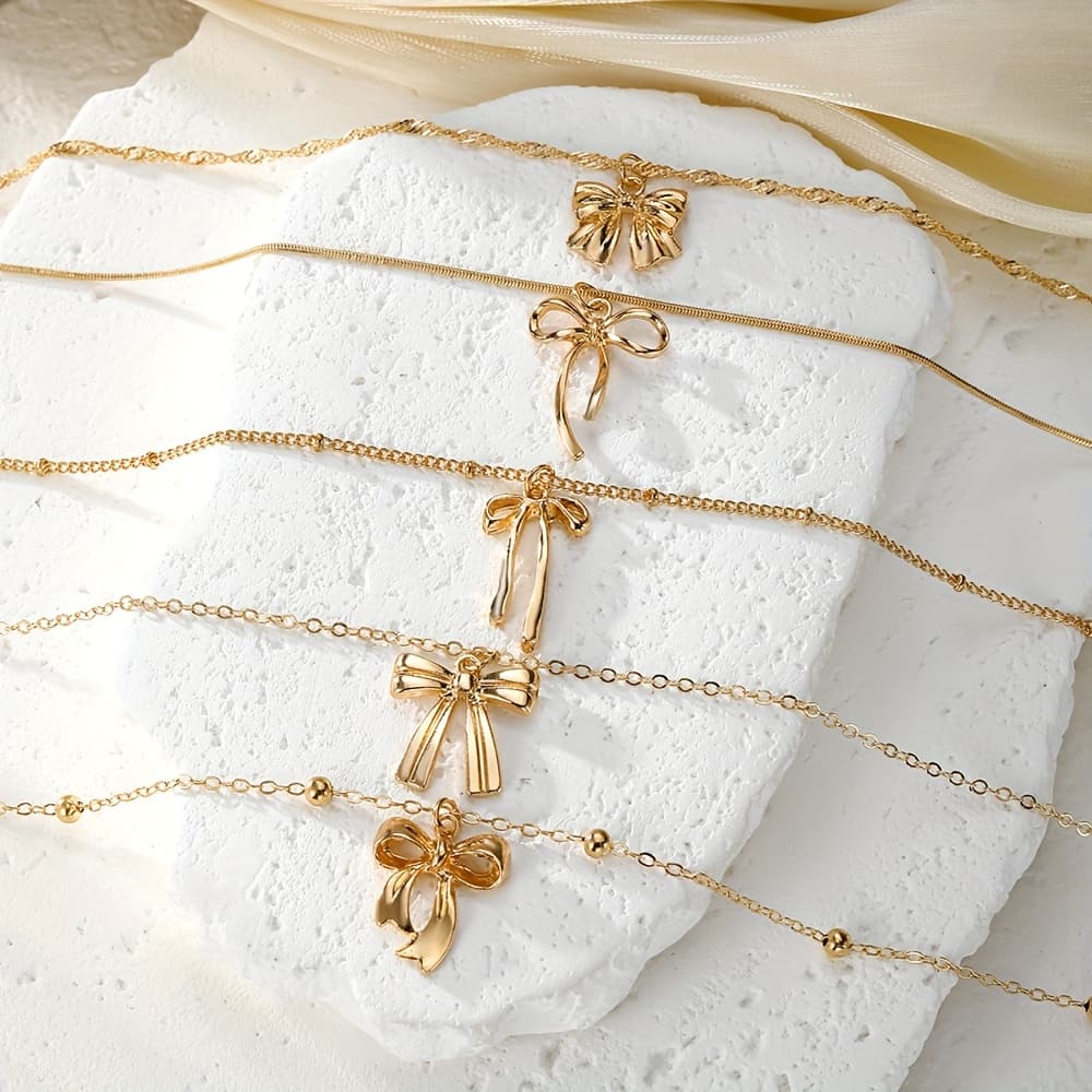 TEMU 5pcs Elegant Exquisite Multi- Bow Pendant Necklace Set Women' Party Matching Trendy Jewelry
