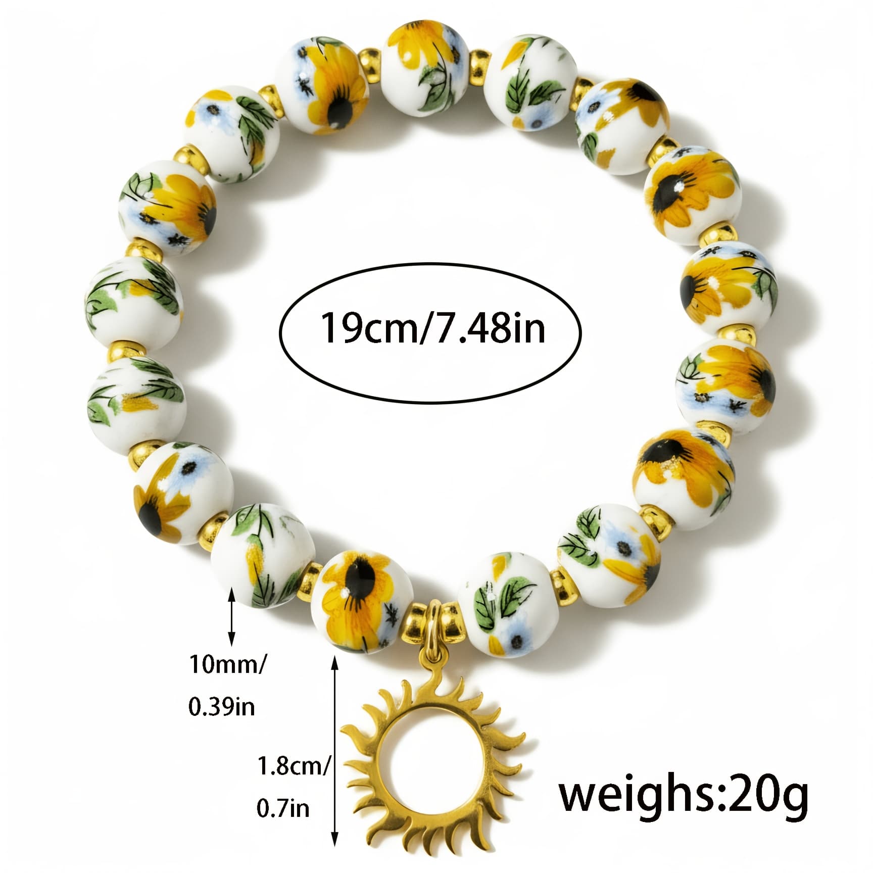 TEMU 1pc Sunflower Ceramic Beaded Bracelet For Women, 18k Gold Plated Stainless Steel Hollow Sun Charm Bracelet, Painted Flower Stretch Bracelet, Style Jewelry, Birthday Gift For Mom Bff