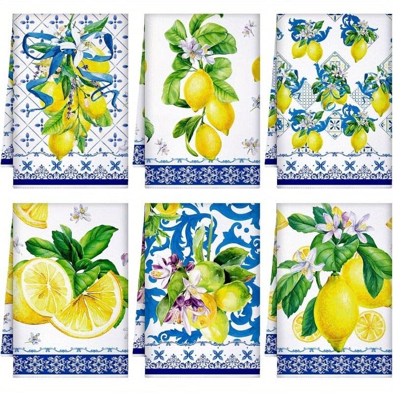 TEMU 6pcs Lemon Pattern Hand Towels, Polyester Fiber Dishwashing And Tea Towels, Suitable For Summer And Christmas Decor, Hand Towel, Bathroom, Home Decor