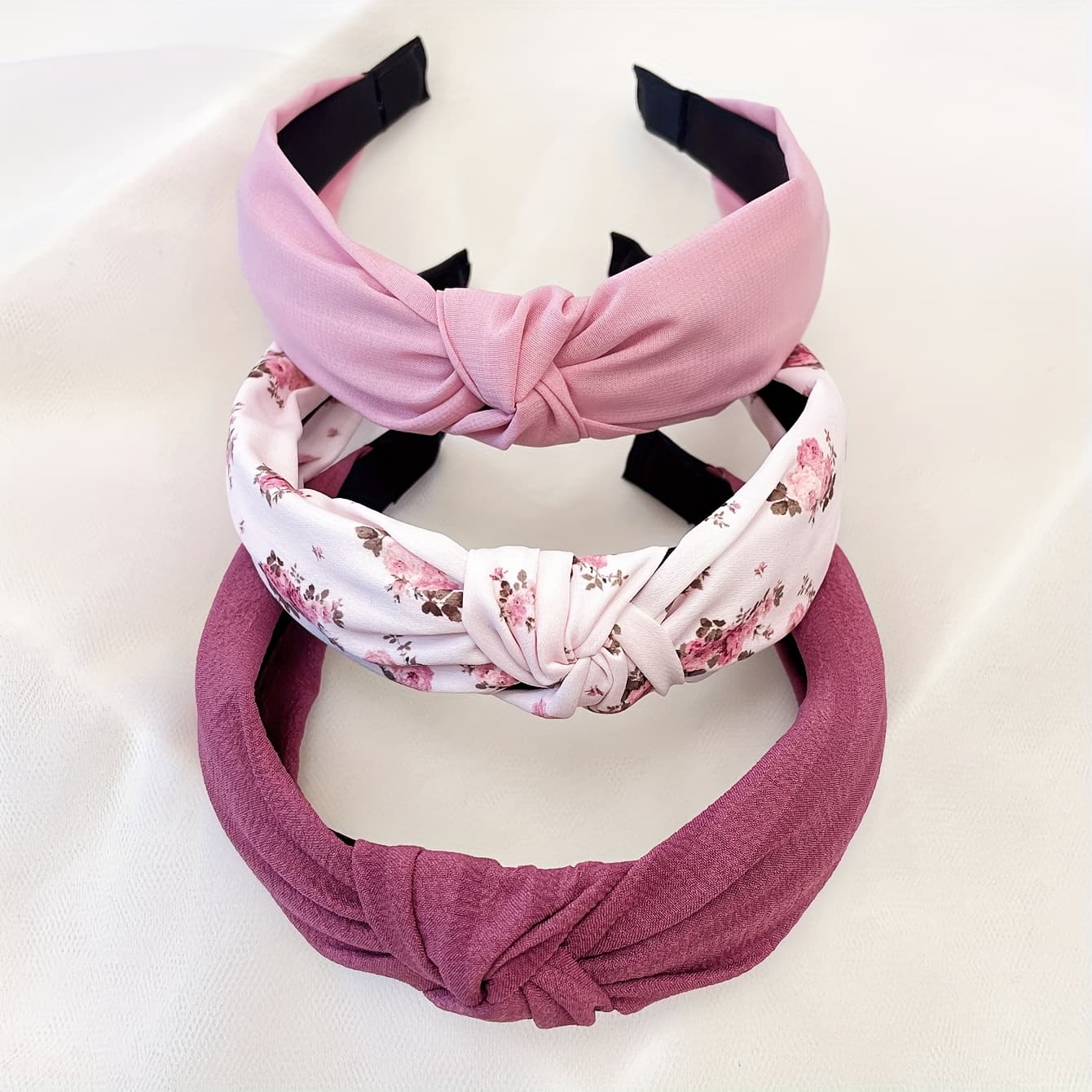 TEMU Set Of 3 Women's Pink Floral Solid Color Fabric Wide Headbands, Hair Accessories For Daily And Holiday Use