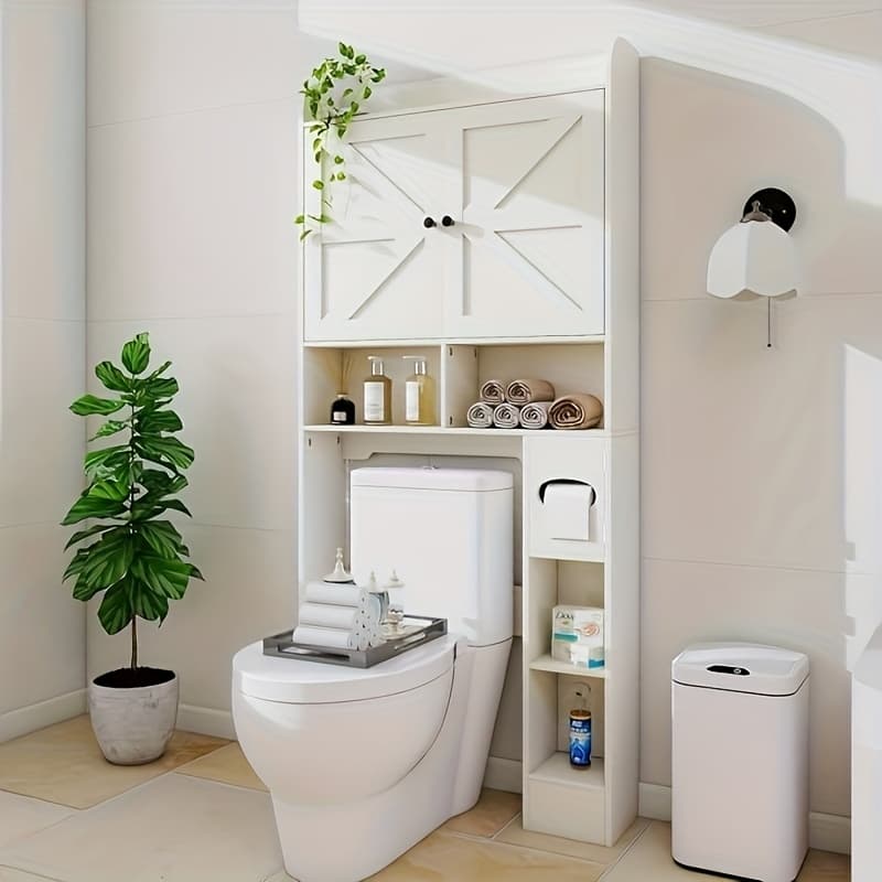 TEMU 1pc Modern Space-saving Bathroom With Barn Door & Toilet Paper Holder - Adjustable Shelves/bottom Rail, -side Installation For Washing Machine/toilet - White Locker ( Non-wood Suitable For Small)