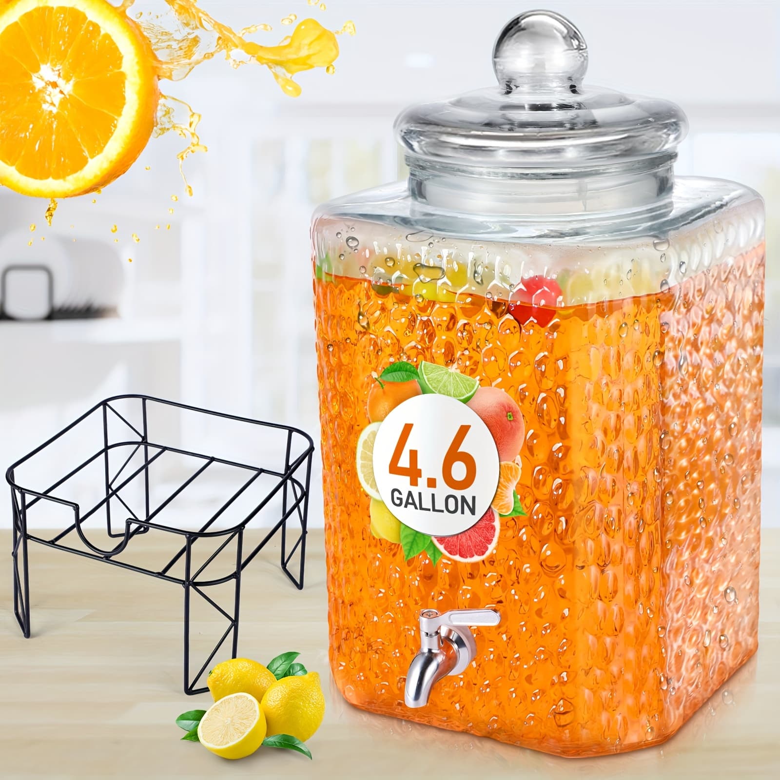 TEMU 4.6 Gallon Glass Beverage Dispenser With Stand Stainless Steel Spigot Glass Lid Leakproof Drink Dispenser Ice Lemonade For Party Wedding Kitchen