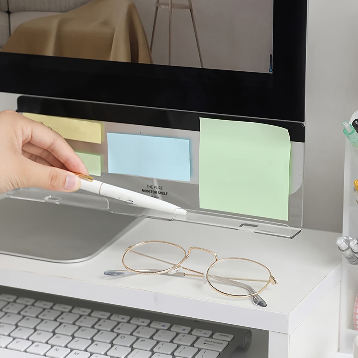 TEMU Acrylic Desk Side Organizer With Monitor Stand, Sleek Message Board & Phone Charging Holder For Office Supplies