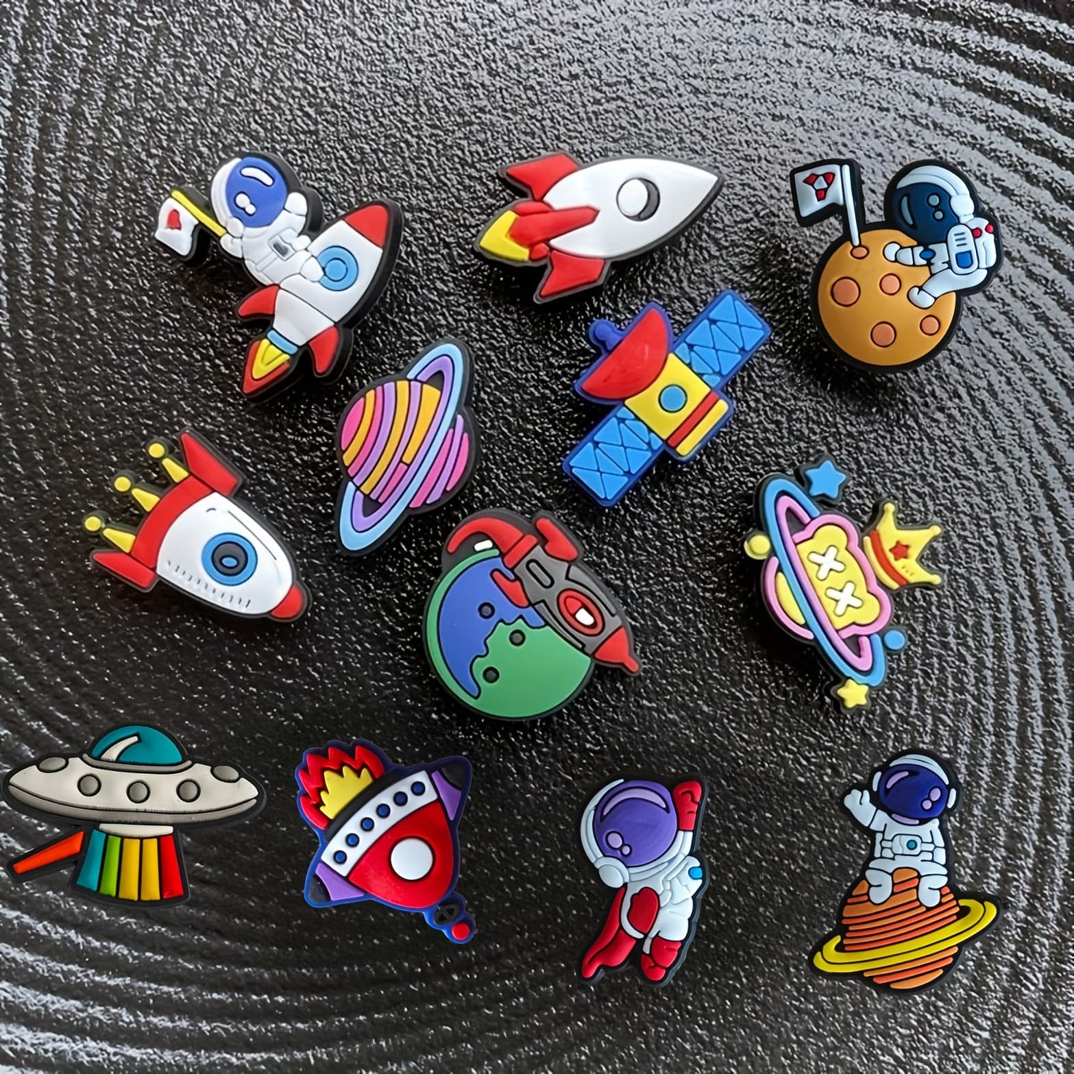 TEMU Set Of 12 Space-themed Shoe Charms Featuring Rocket And , Made Of Pvc, Suitable For Beach Bags, Footwear, Birthday Celebrations, And Christmas Parties