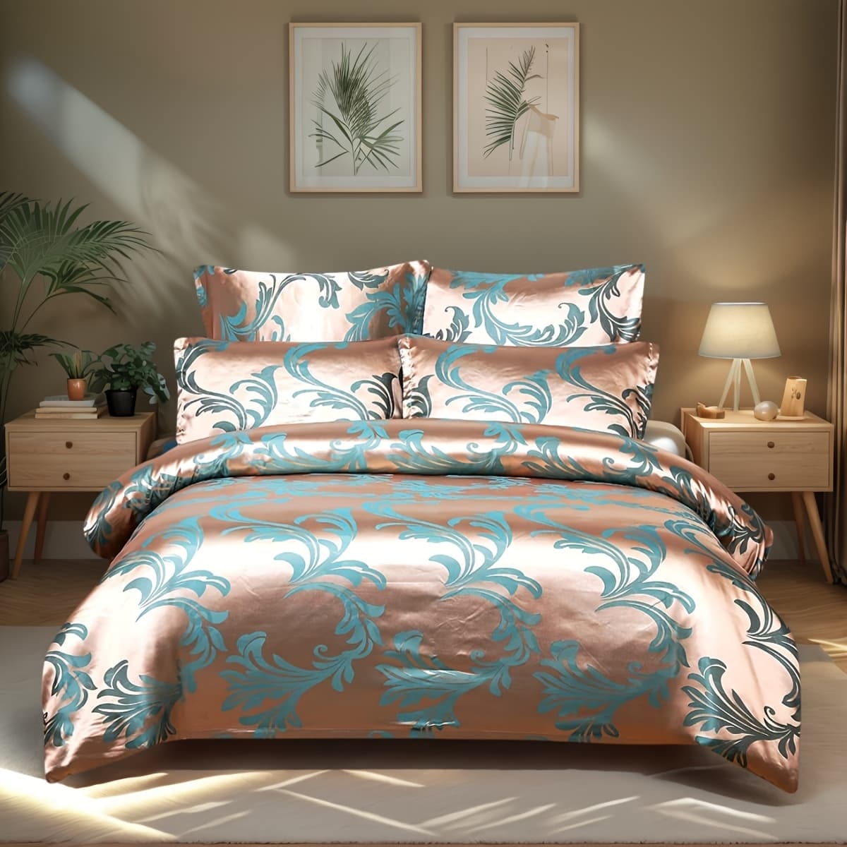 TEMU Floral Jacquard Satin Duvet Cover Set King Size 3pcs Luxury Like Bedding Comforter Cover Set With Zipper Closure & Corner Ties 1 Quilt Cover And 2 Pillowcase (green Golden, King)
