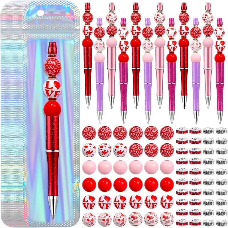 TEMU 12pcs Valentine's Day Beadable Pens Kit, Beaded Pens With 76 Beads & 20 Packaging Bags Diy Pen Making Kit Plastic Beaded Ballpoint Pens For Valentine's Day Gifts School Office Supplies