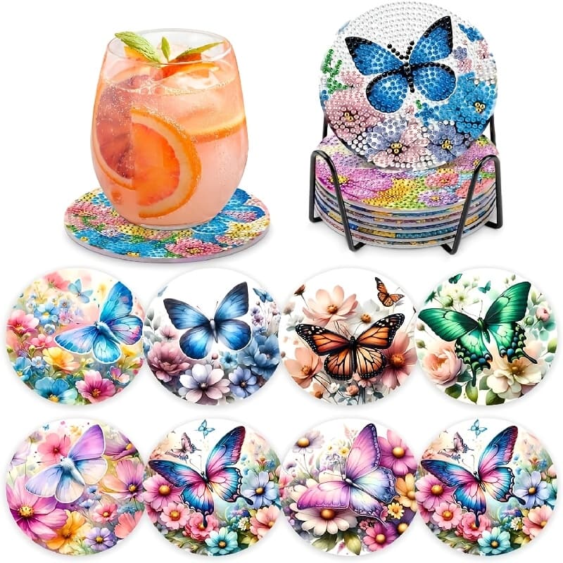 TEMU 8pcs Set With Stand Diamond Painting Coaster, Suitable For Adults And Beginners Home Decoration, Diy Art Gift Theme Heat Insulation Coaster