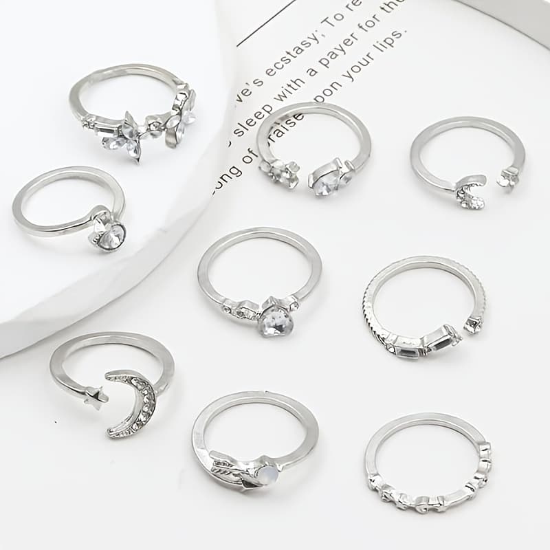 TEMU 9pcs Fashion Elegant Heart Star Moon Stackable Rings Women's Irregular Trendy Jewelry Set For Party Anniversary Valentine's Day Birthday
