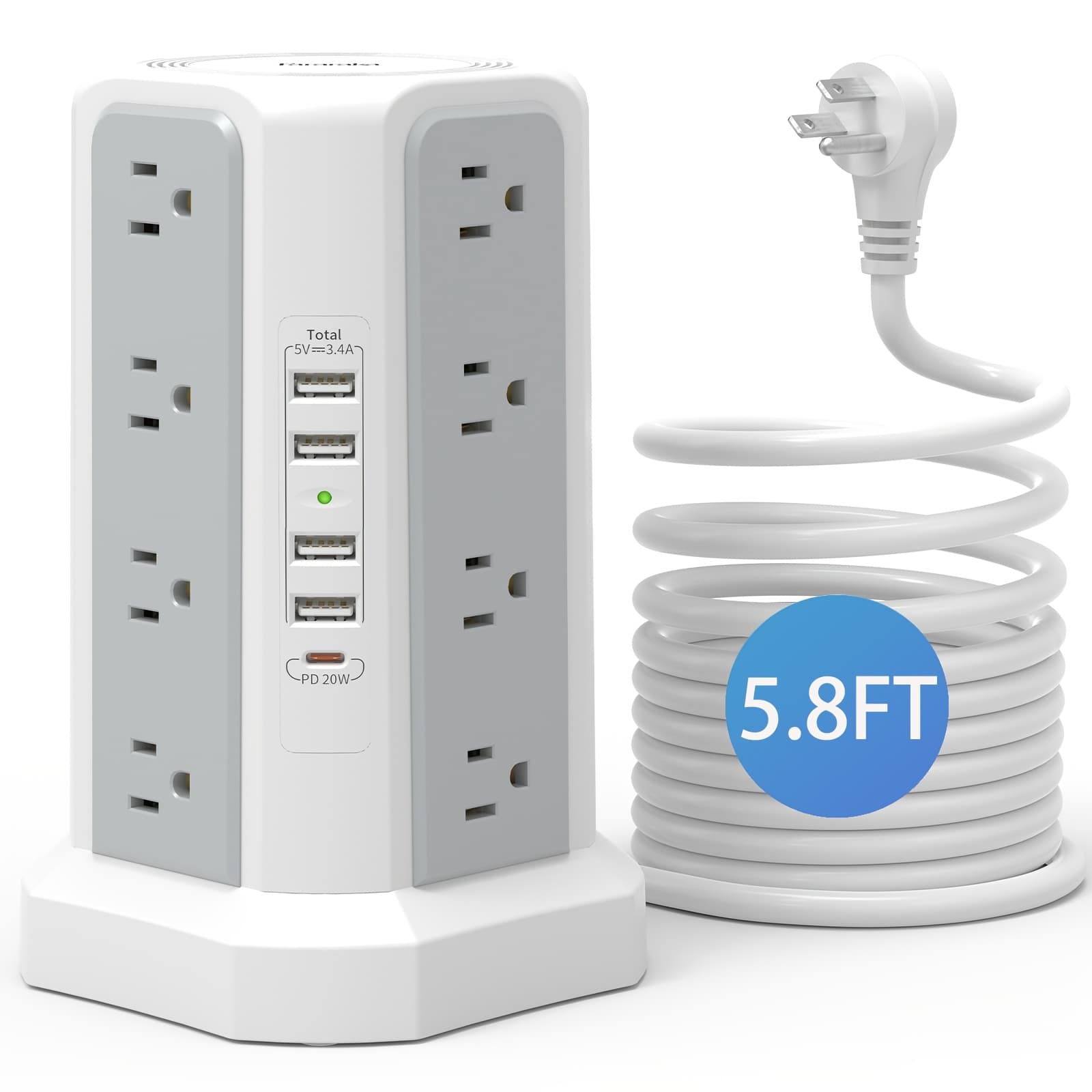 TEMU Pd 20w Protector Tower With 16 Outlets And 5 Usb Ports, 5.8ft/8.8ft Extension Cord With Multiple Outlets, Charging Station Home