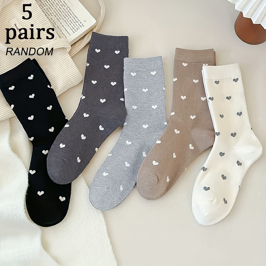 TEMU 5 Pairs Random Mixed Women's Warm Winter Color Heart Pattern Jacquard Comfortable Soft Literary Casual All-match Sweet Fashion Mid-calf Socks Suitable For Daily Wear