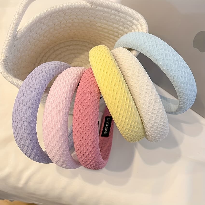 TEMU 6-pack Waffle Knit Candy-colored Wide Headbands, Versatile Fashionable High Crown Face Washing Headbands