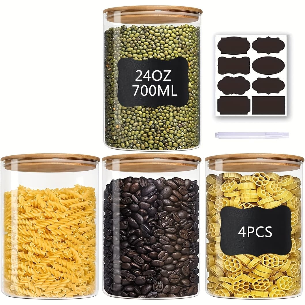 TEMU 4pcs 24oz Glass Jars Set, Round Pantry Jars With Bamboo Lids, Black Labels And , Food Storage Containers For Office, Home, Kitchen And Pantry