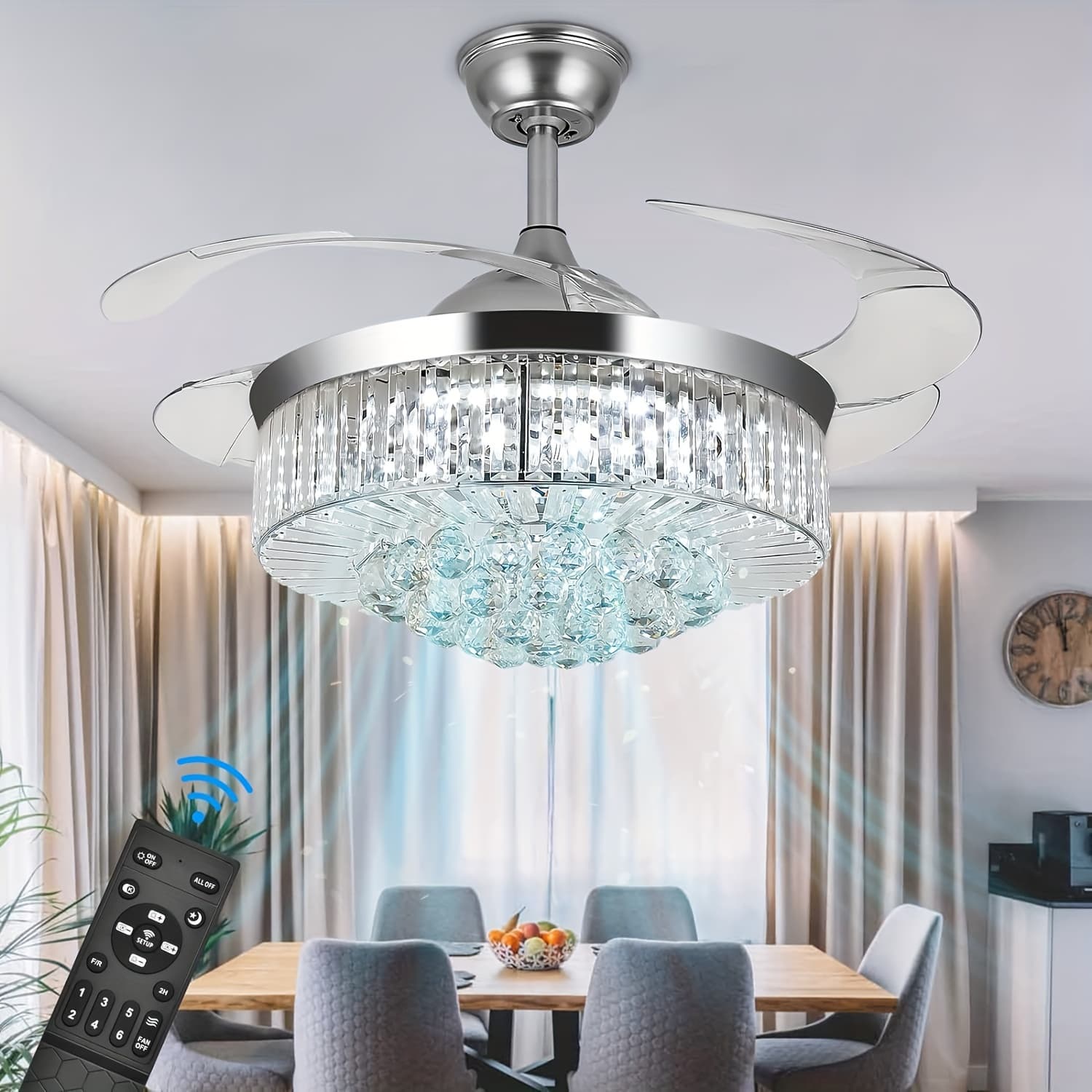 TEMU 42-inch Ceiling Fans Featuring Lights, A Reversible Chandelier Design Suitable For Bedrooms And Living Rooms, With 3 Color Options, 6 Speed Settings, A Timer, And Chandelier Functionality