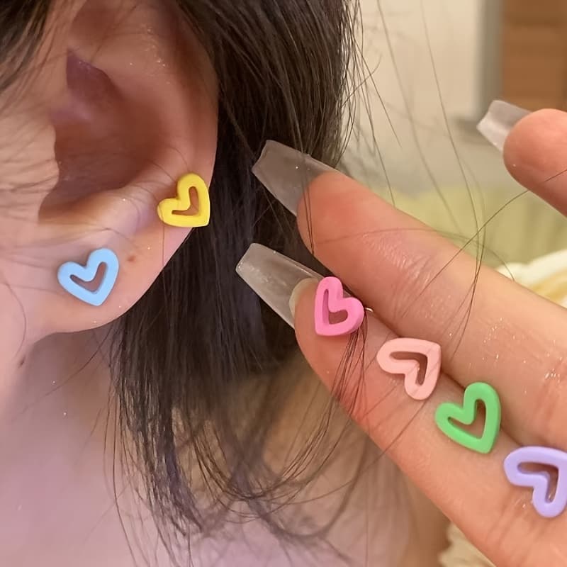 TEMU 6pcs Set Dopamine Niche Ins-style Sweet Versatile Stud Earrings For Women, Heart Element Colorful Stud Earrings For Parties And Daily Wear