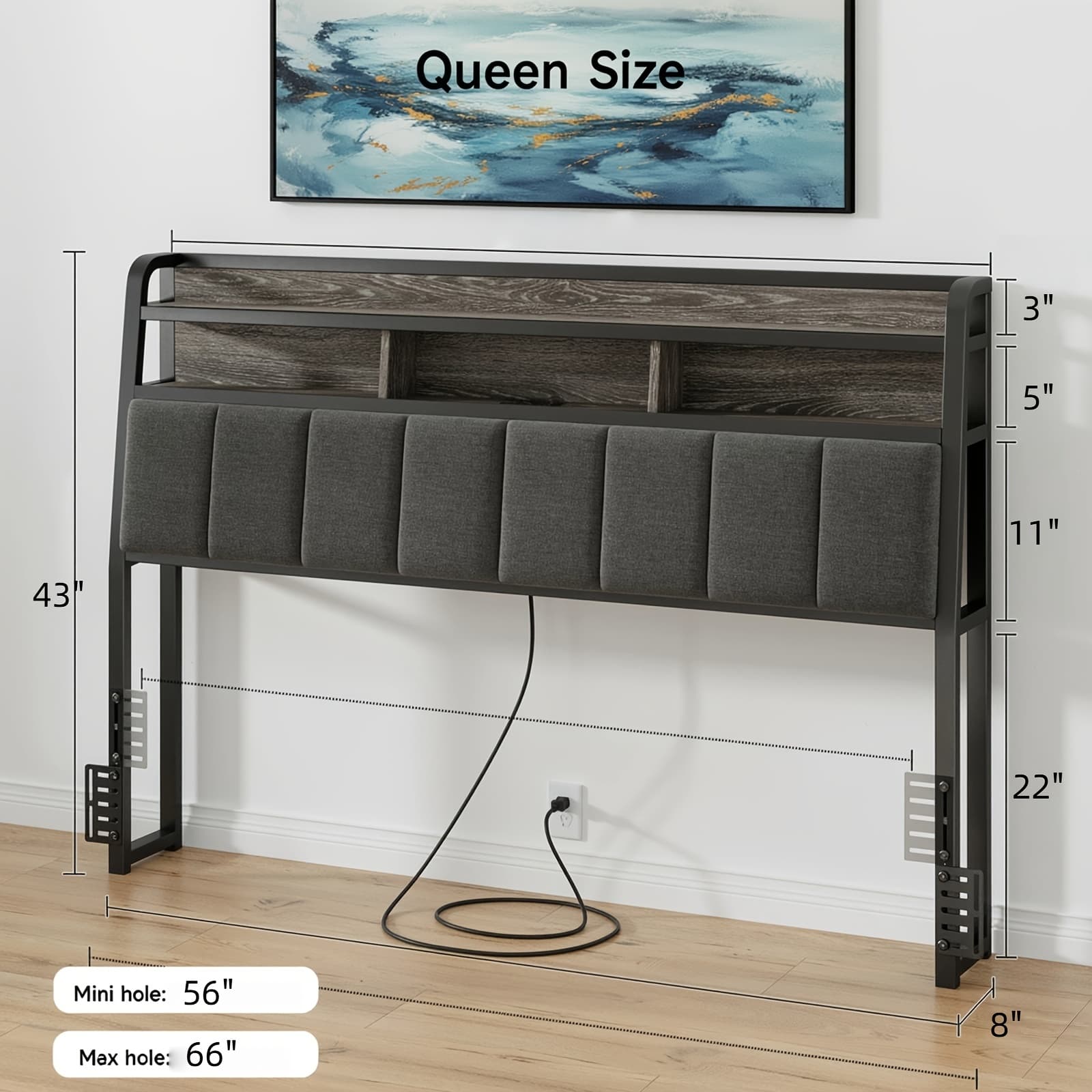 TEMU Headboard For Queen/king Size Bed With Storage, Head Board With Usb & Type C Port, Height Adjustable, Queen/king Head Board Only,, Sturdy And Stable, Black & Gray