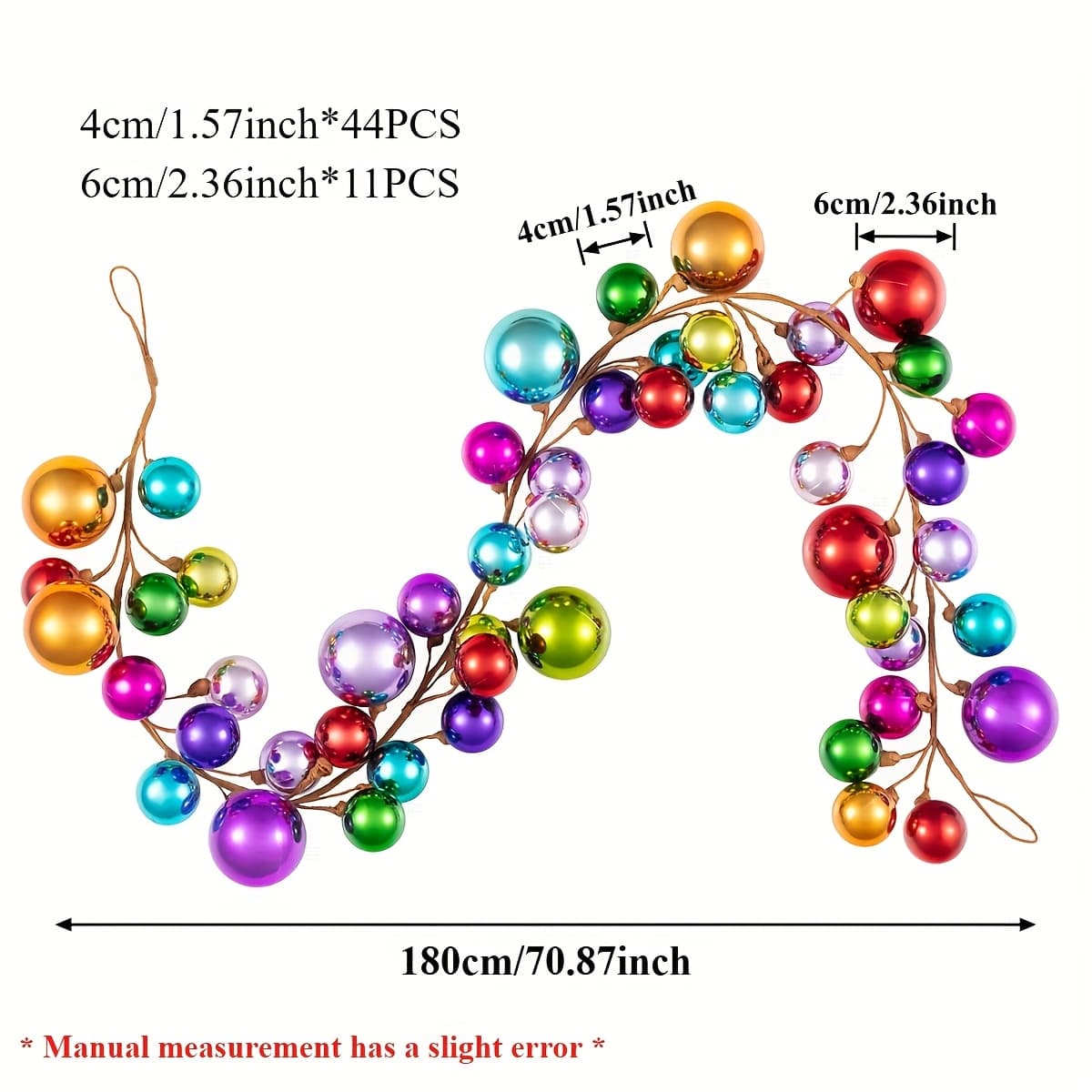 TEMU 6ft Colorful Ornament Garland With 55 Shatterproof Balls, Christmas Ball Vine Decoration For Tree, Fireplace, Door, Party, Wedding, Birthday & Decor