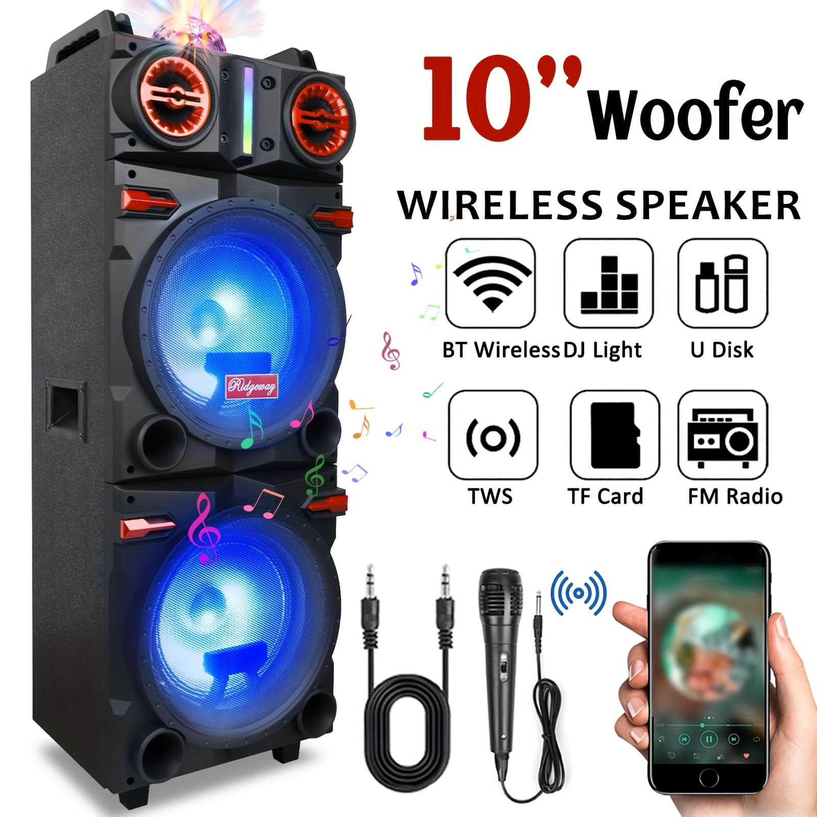TEMU 10" Dual Speaker System Built In Bt For Wireless Connection, Led Party Lights, Fm Radio, Aux/microphone - Portable Pa System For Parties, Karaoke, Dj (includes Wired Mic)