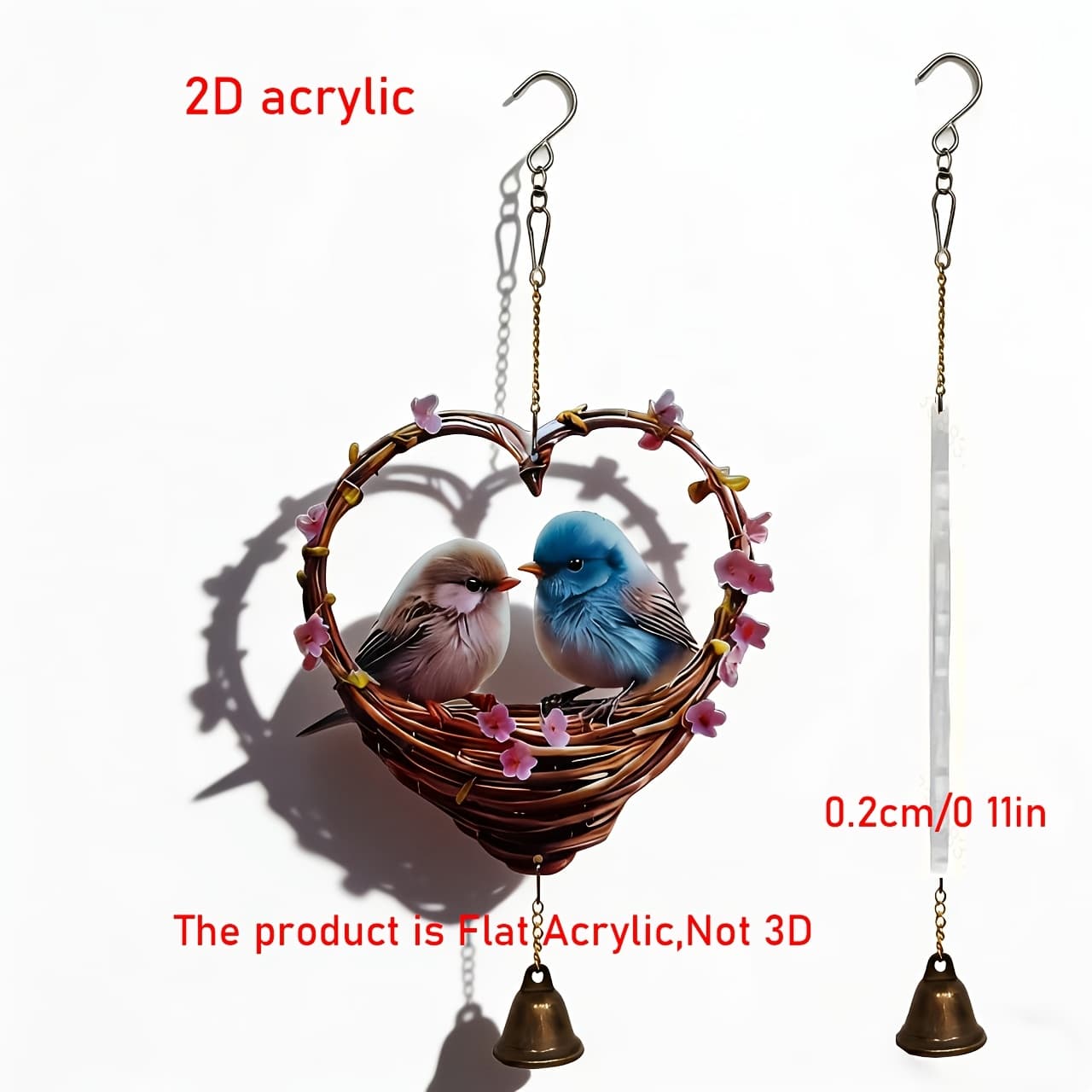 TEMU A 2d Flat Heart-shaped Bird Singing Wind Chime With Bells Set - Metal Wind Chimes Outdoor/hanging Decoration, Bird-themed Garden Ornaments With Bells, Iron Courtyard Porch Decoration