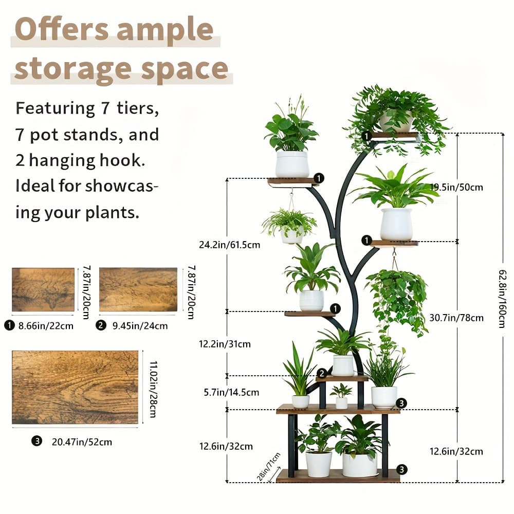 TEMU Metal Plant Stand, 7 Tier 62 Inch Plant Stand Indoor Corner Shelf, Large Multifunctional Indoor Plant Stand, Curved Metal Plant Planter, Balcony, Garden, Living Room, Bedroom Decoration