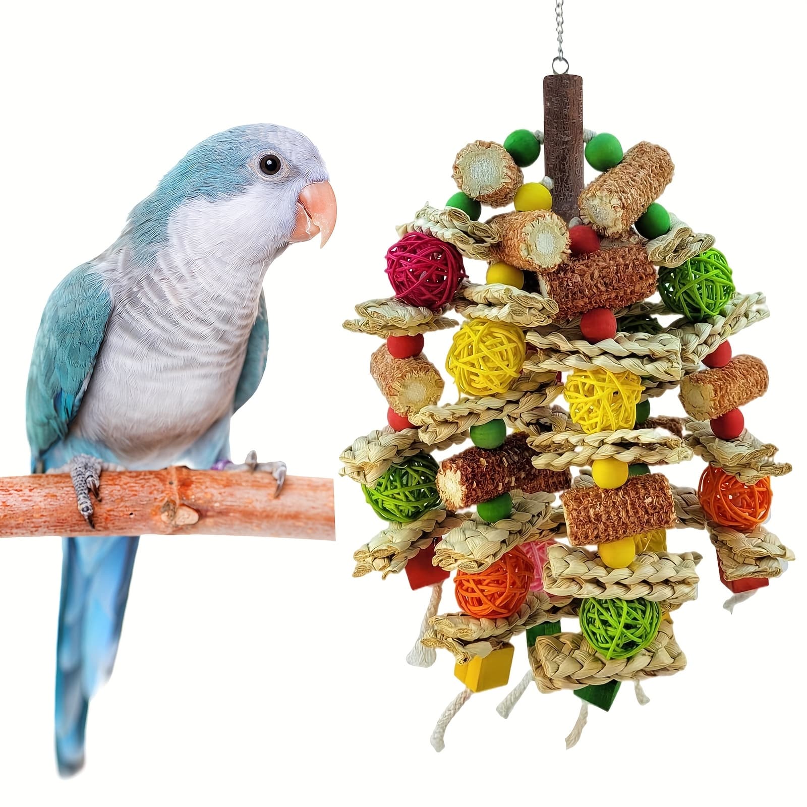 TEMU Natural Bird Toys For Parrots, Birds & Small/medium Pet Birds - Natural Corn , Wooden Blocks, Beak Exercise Balls & Rattan Chew Toys - Beak Strengthening Chewable For Cage & Aviary Play