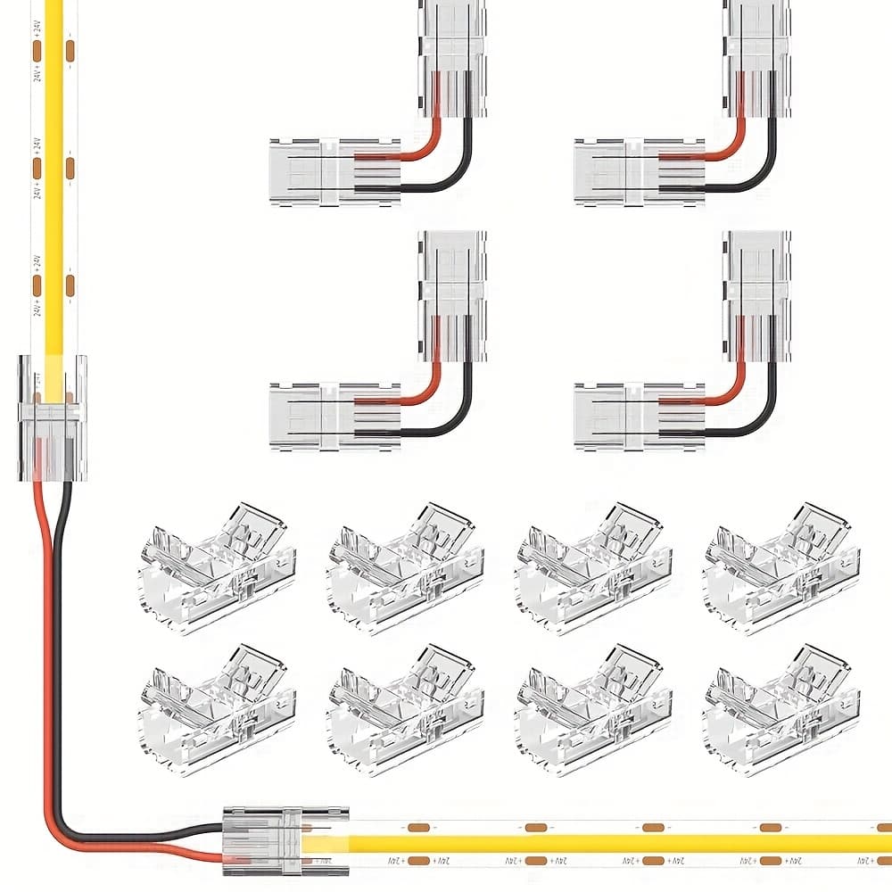 TEMU 12pcs Set Clear Led Connectors, 8pcs 2pin 8mm Cob Smd Led Strip To Wire Connectors Wireless Clip No Soldering Adapter Terminal Extension Connection, 4pcs L Shape Connectors For Led Light Strip