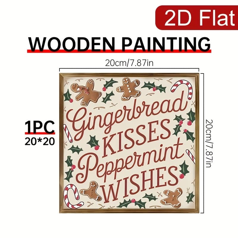 TEMU 2d Flat - A 2d Flat Wooden Sign Featuring The 'gingerbread Peppermint Wishes' Measuring 20*20cm, Suitable For Festive Decoration In Homes, Kitchens, Bedrooms, Bathrooms