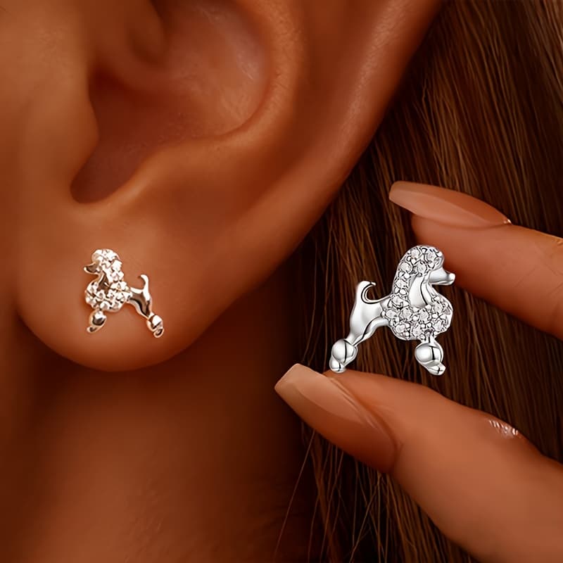TEMU 1 Pair Poodle Stud Earrings, Inlaid With Synthetic Cubic Zirconia, Exquisite Cute Animal Dog Earrings, Low Hypoallergenic, Suitable For Daily, Party And Vacation, For Gifting
