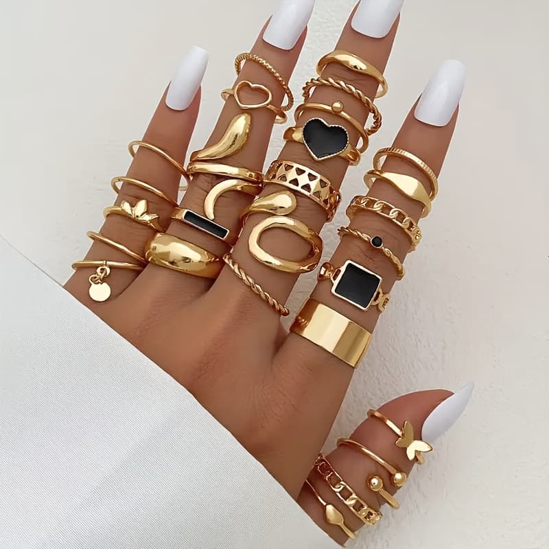TEMU 27pcs Women's Stacked Ring Set - Bohemian And Retro , Featuring , Snake, Leaf, Square, And Twisted Patterns - Suitable For Daily Wear, Gifting, Parties, And Holiday Gifts