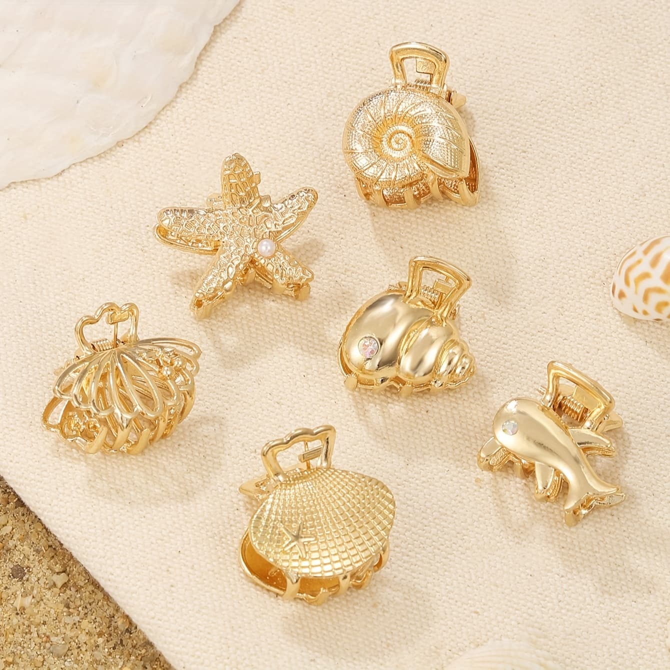 TEMU A Set Of 6 Minimalist, Stylish, Metal Alloy Inlaid Diamond Small Starfish, Shell, Conch, Dolphin, Scallop Hair Clips For Women' Vacation Travel Broken Hair Finishing Clip Bangs Clip
