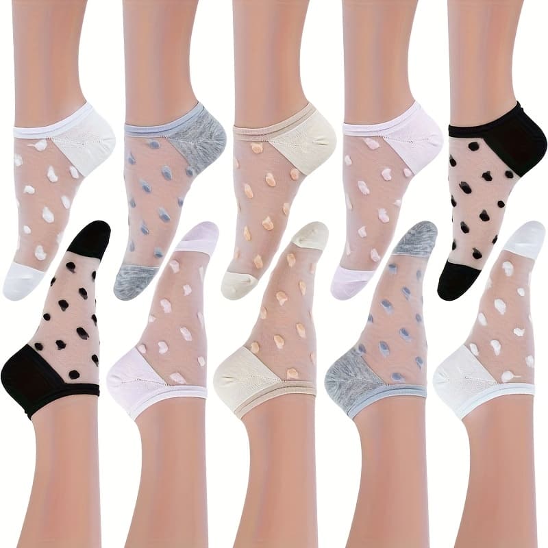 TEMU 10-pair Summer Thin Polka Dot Glass Low-cut Non-slip No-show Socks For Women - Black, White, Gray, Pink, Apricot - For