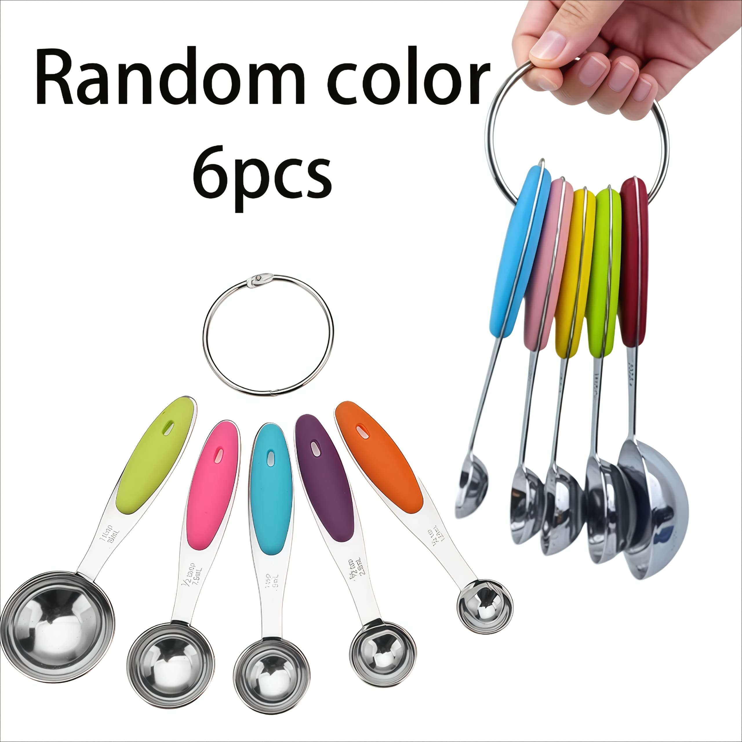 TEMU 6pcs Stainless Steel Measuring Spoon Set With Silicone Handles, For Home Cooks And Bakers, Accurate Durable, Random Color