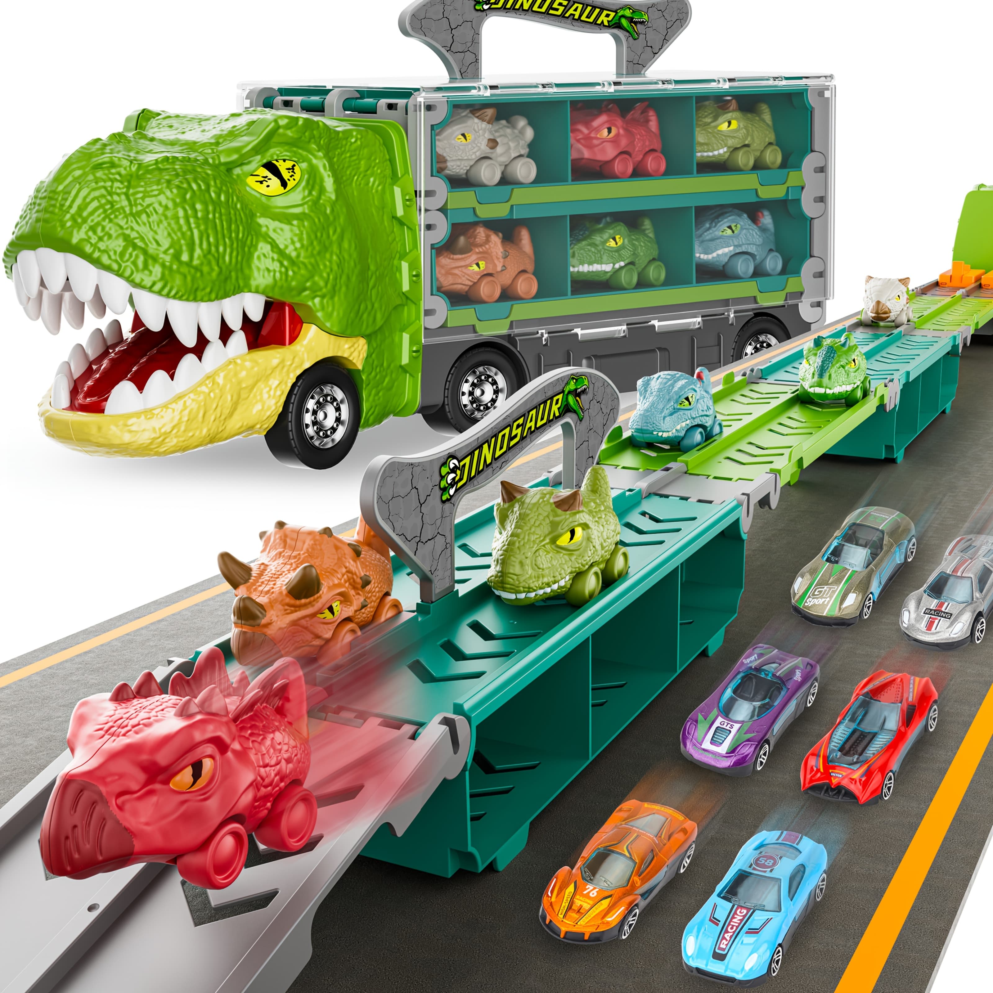 TEMU Dinosaur Truck Toys For Birthday Gift Idea, 2 Player Race Mode, Transport Carrier Kids, 63 Inch Foldable Race Track With 6 & 6 Die-cast Cars Durable Safety, Kids Christmas Gifts