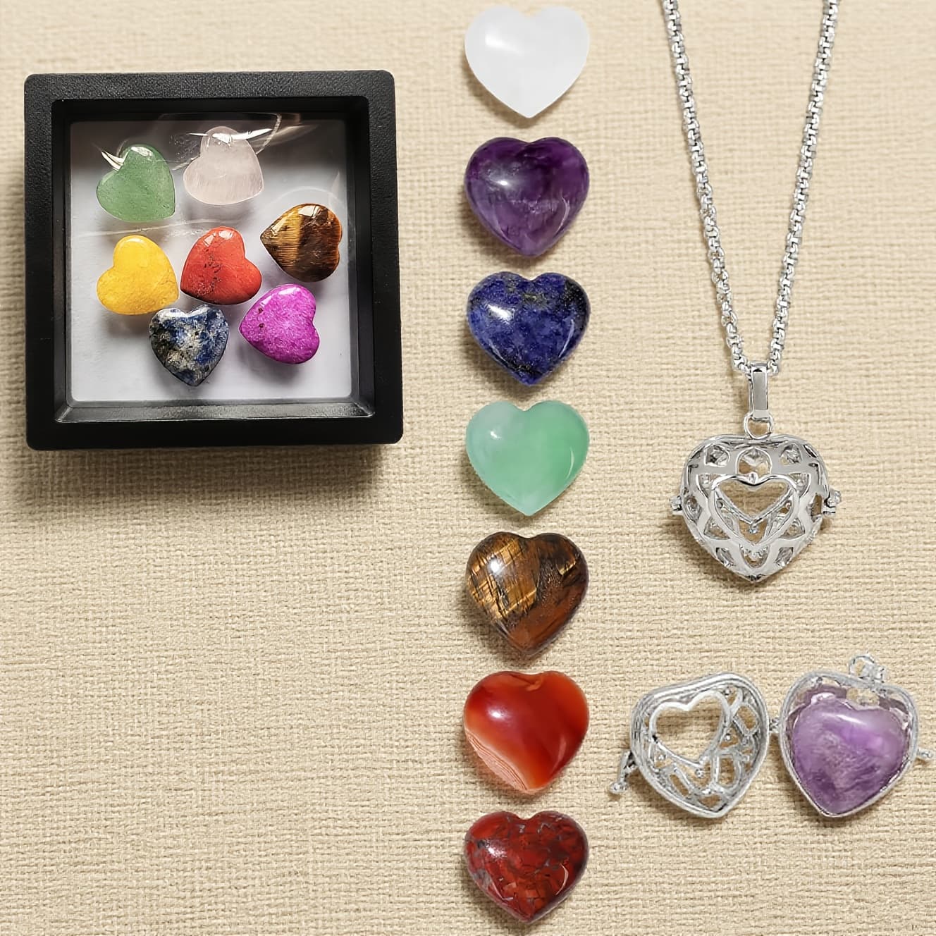 TEMU This 7pcs -shaped Necklace Set Comes With A Gift Box In (amethyst, Rose Quartz, , Eye, Carnelian, Red Jasper, And Purple Agate). A Jewelry Series Of Great For Women, Suitable For