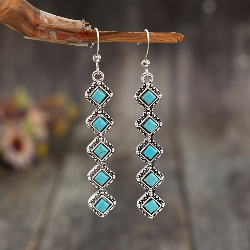 TEMU 1 Pair Of Western Retro Straight Long Turquoise Ear Tassels Bohemian Style Ethnic Jewelry Creative Ear Jewelry