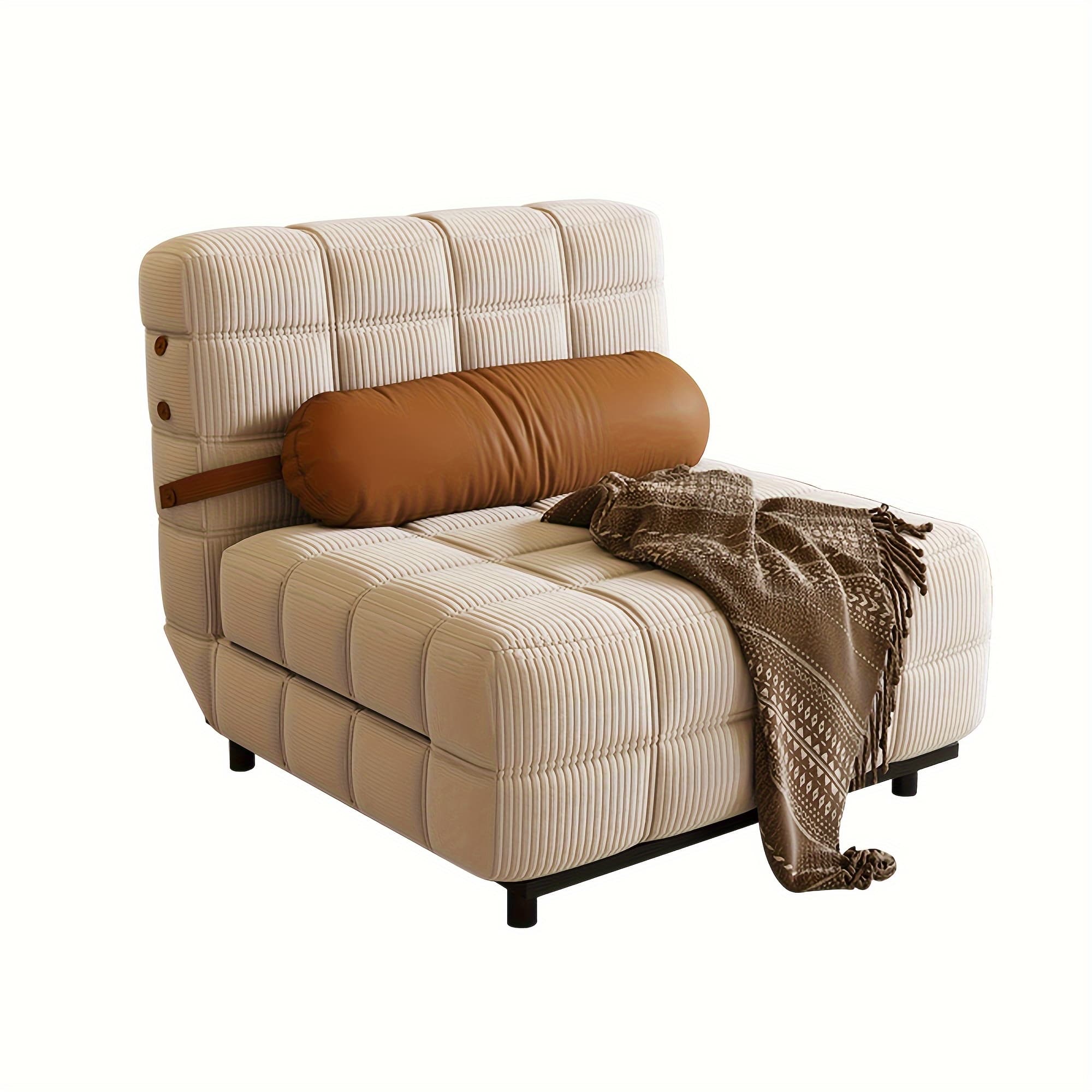 TEMU Convertible Single Sofa Bed | Foldable Chair Bed Sleeper With Adjustable Backrest & Pillow - Plush Corduroy Upholstery, Durable Metal Frame, Tufted Room (cream Beige/brown)