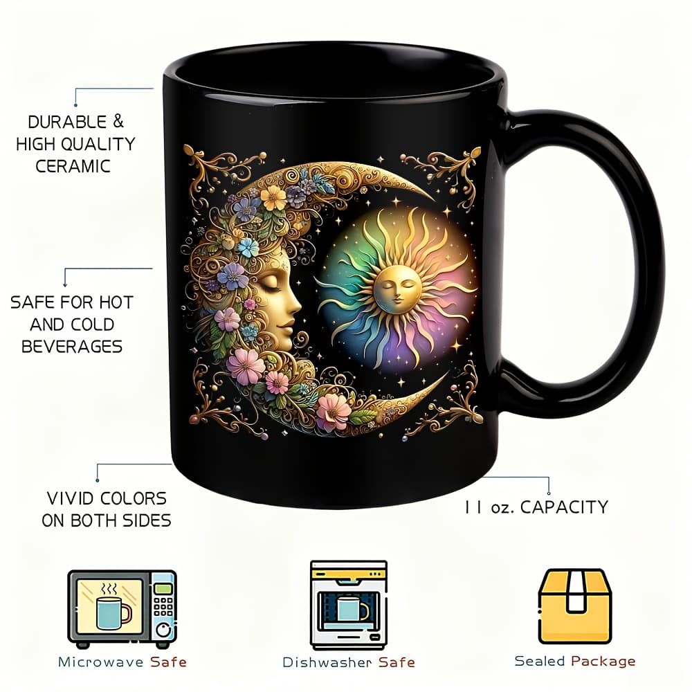 TEMU 1pc, Fantasy Moon Sun Mug For Home Office Gift For Art Lovers 11oz Black Ceramic Tea Cup, Mystical Celestial Floral Pattern Drinkware, Ideal For Birthday Thanksgiving Christmas Daily Use